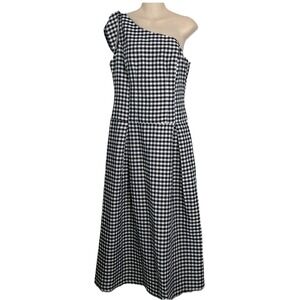 By Anthropologie One Shoulder Gingham Midi Dress Black White Cottagecore M